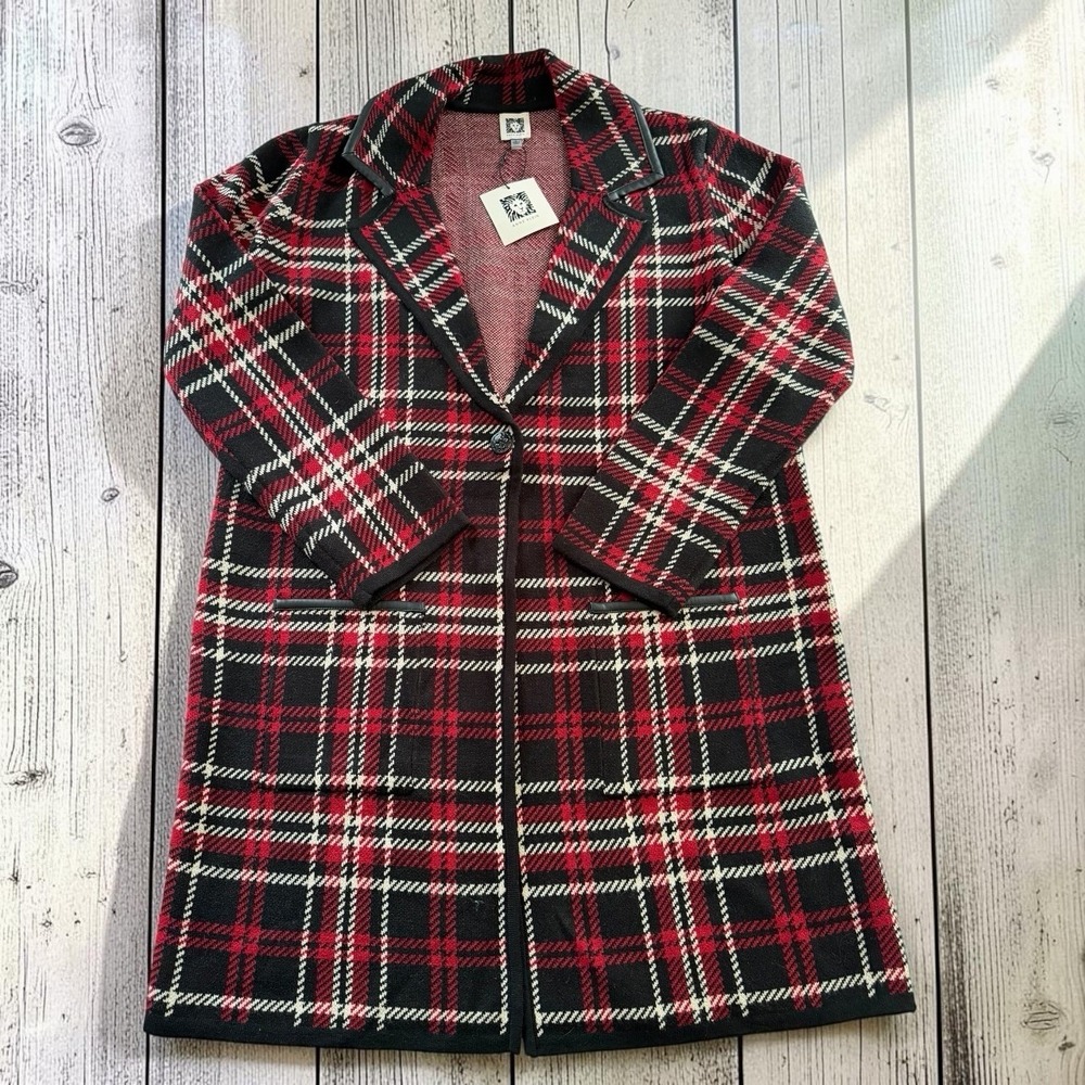 Anne Klein Plaid Long Knit Coat Womens L NWT Black Red Plaid  Fall Jacket New